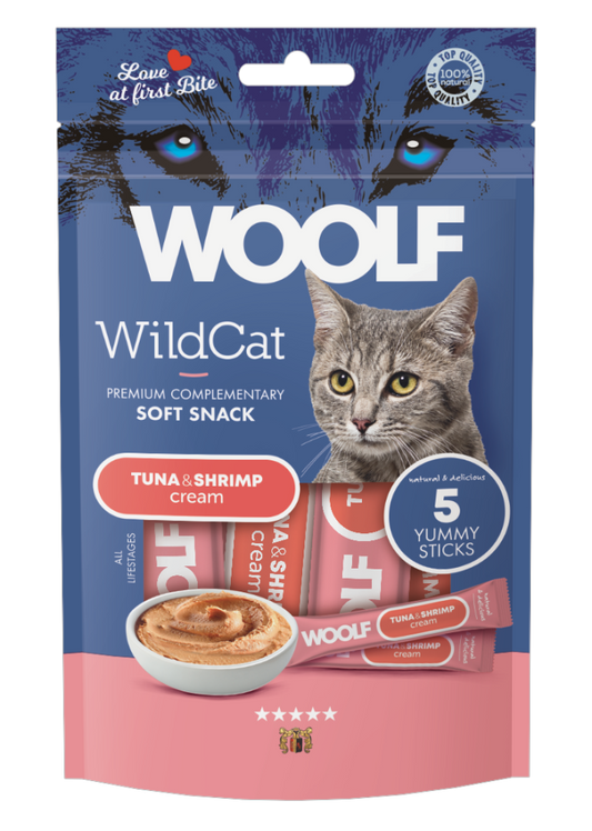 WOOLF WILDCAT Cream: TUNA & SHRIMP 5 stk/pk 70 gr